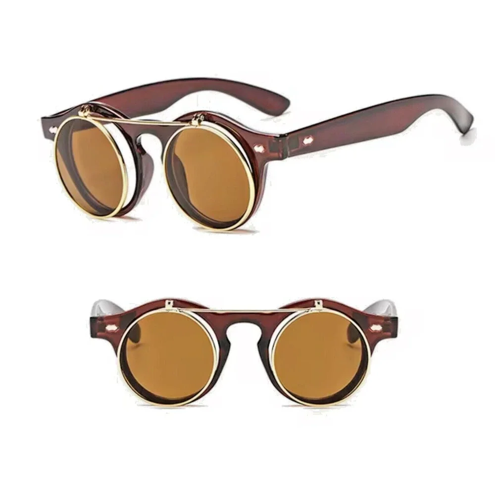 Music Festival Fashion Sunglasses Round Lenses Flip-Up Unisex - Brown